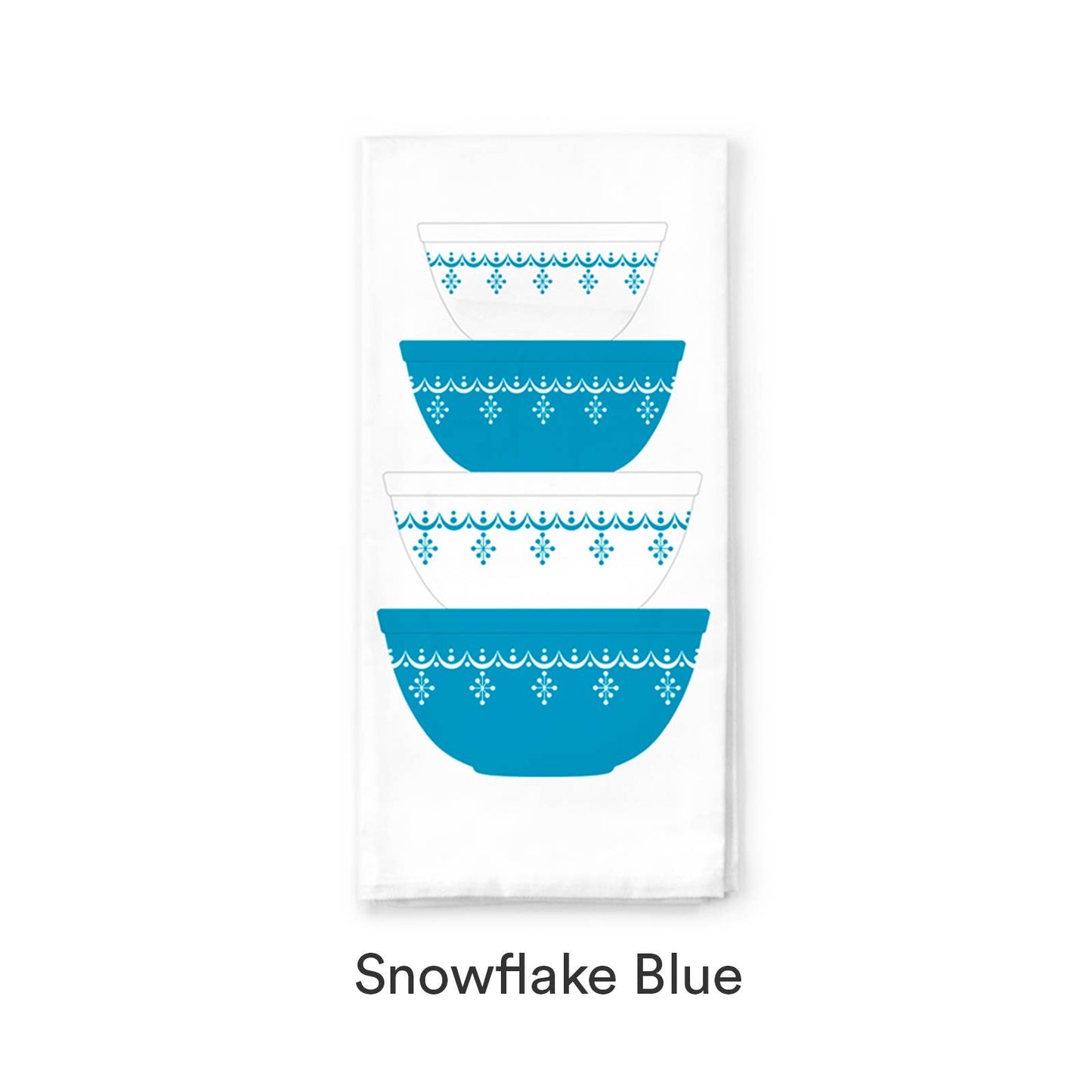 Tea towel with blue bowls and snowflake patterns on a white background, labeled 'Snowflake Blue'.