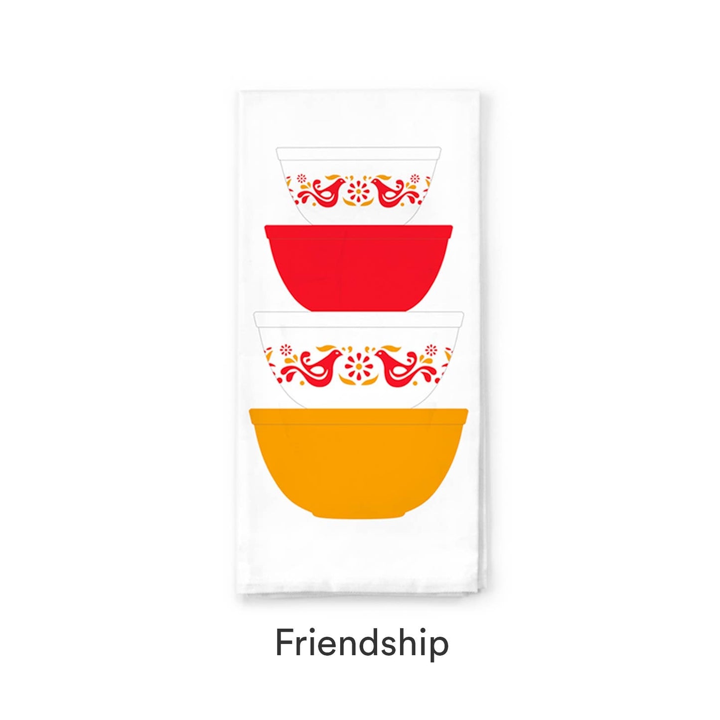 Dish towel with two stacked bowls illustration with red top and yellow bottom on a white background, labeled 'Friendship'.