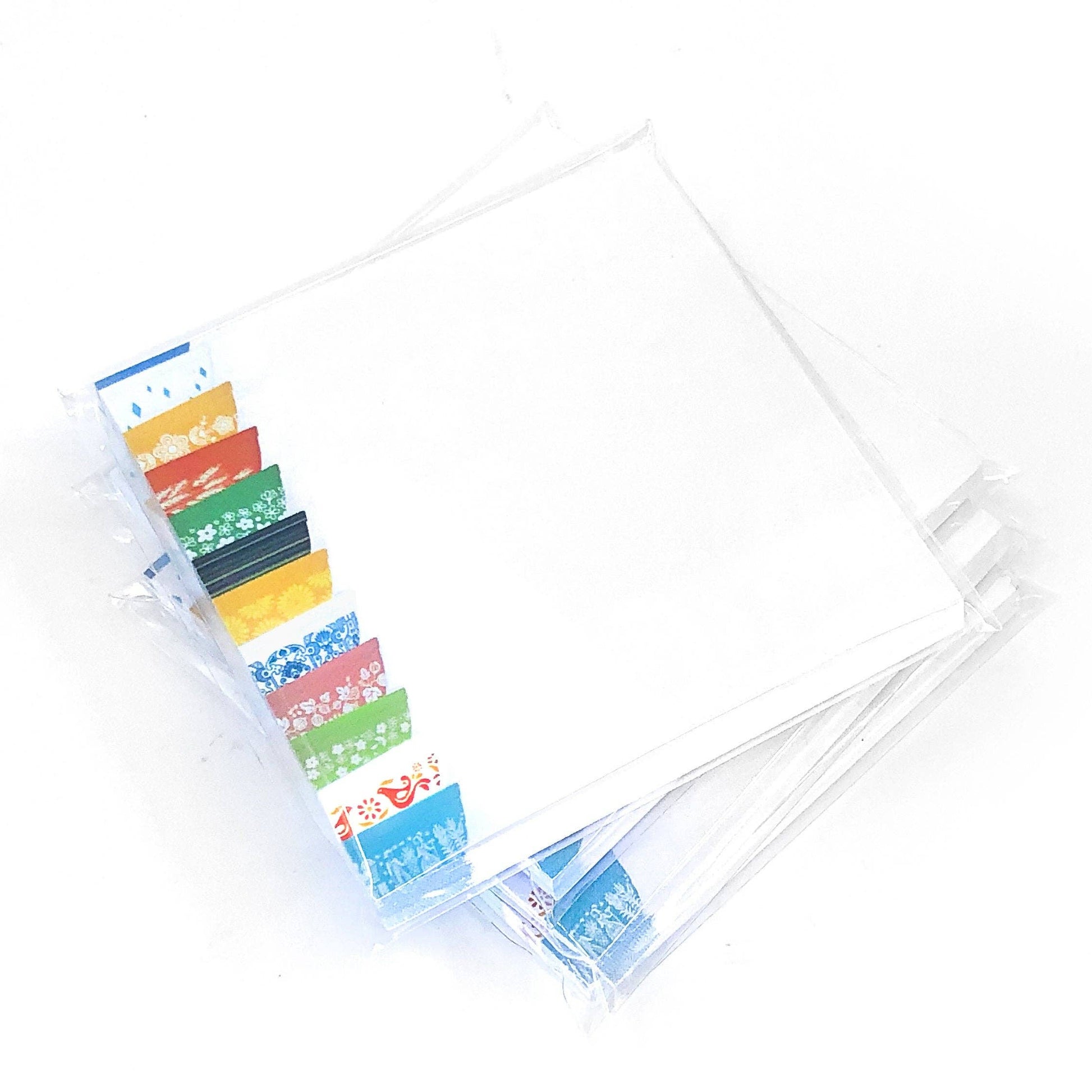 Colorful Pyrex-inspired design sticky notes on plastic case on a white background