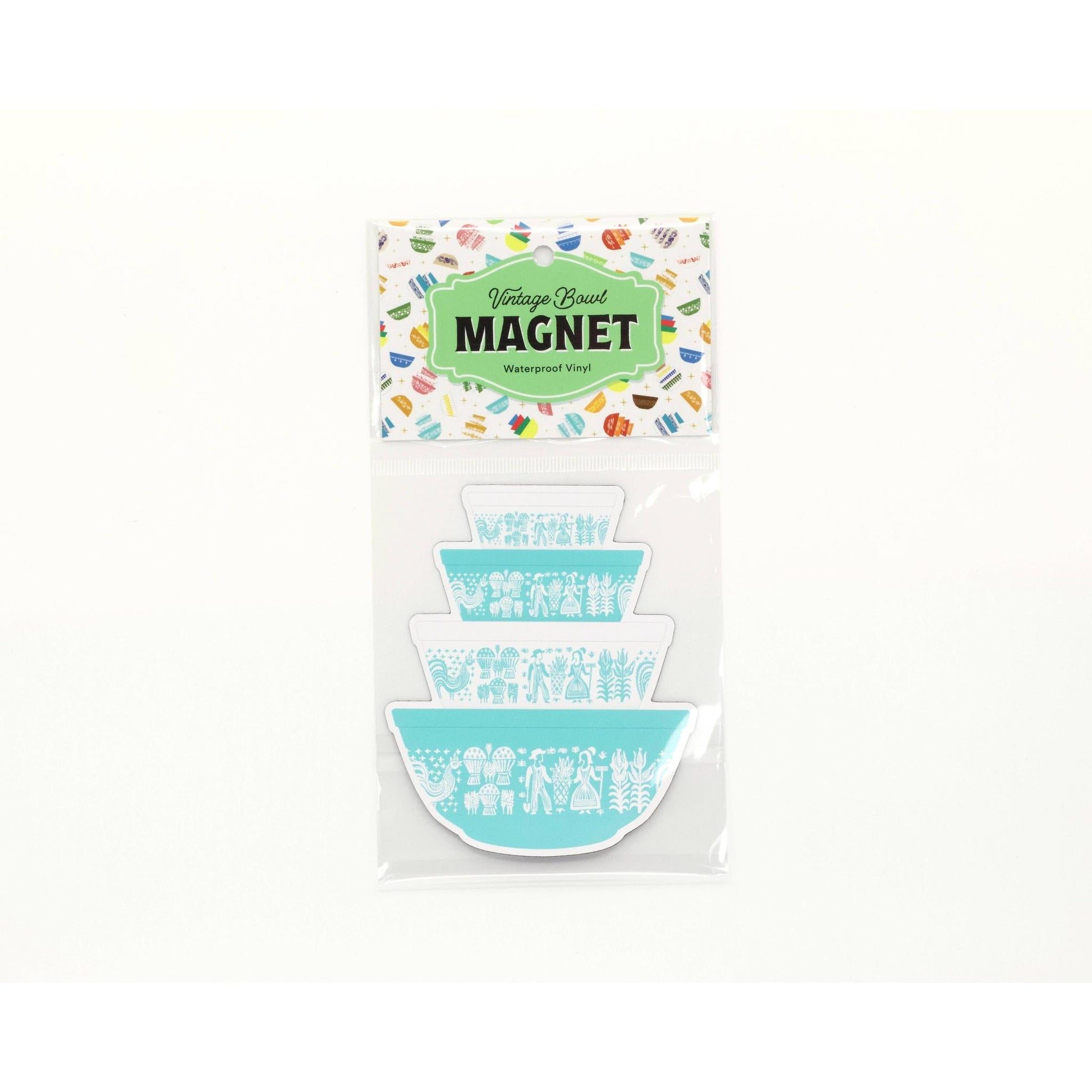 Set of three vintage bowl magnets in packaging on a white background