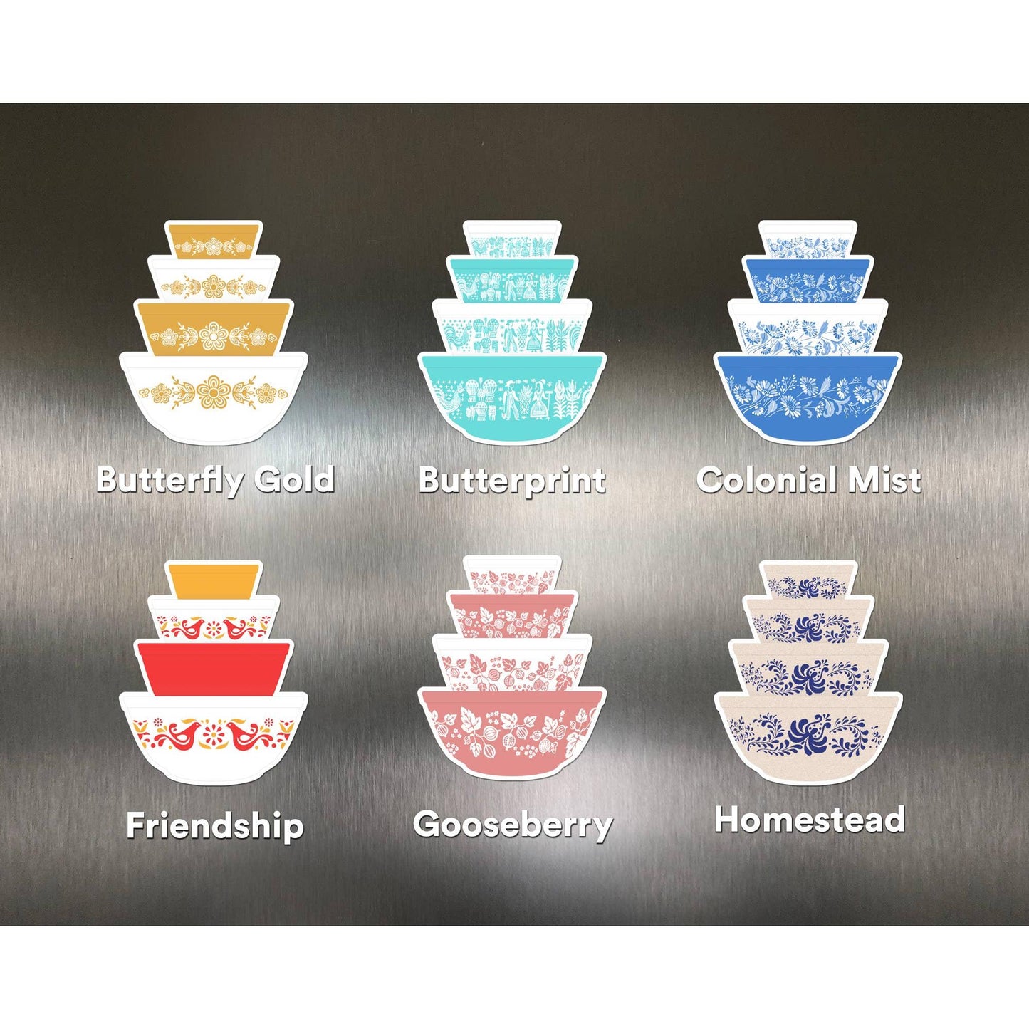 Set of six magnetic stacked bowls with different patterns on a metallic background