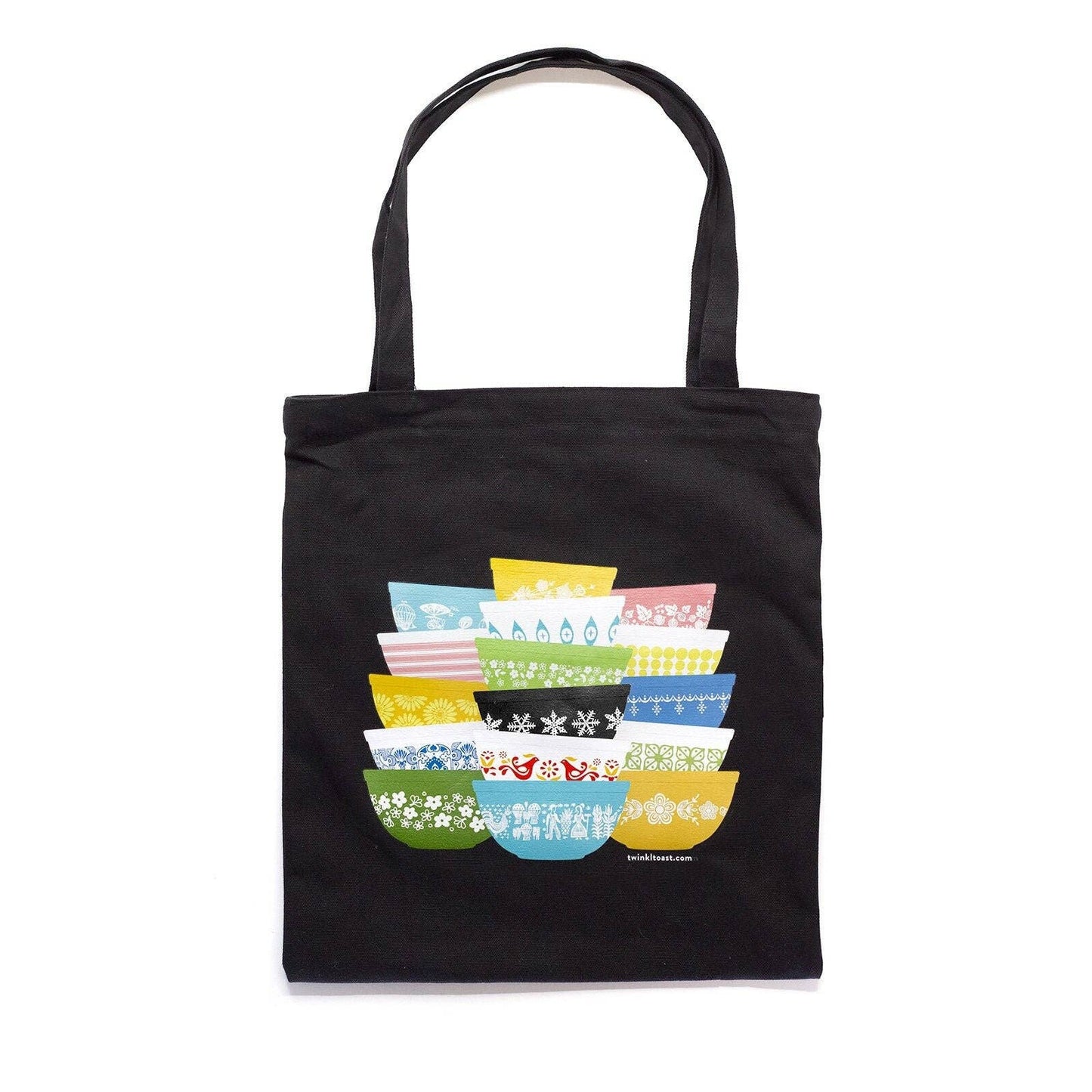 Black tote bag with colorful bowl design on a white background