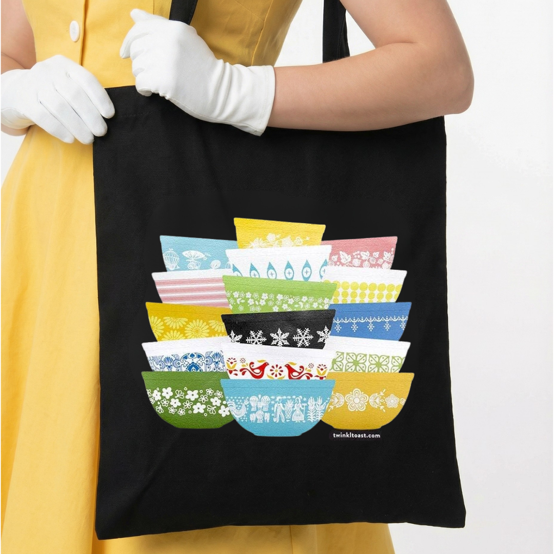 Pyrex-Inspired Retro Zipper Tote Bag | Vintage Mixing Bowl Cotton Tote with Pocket