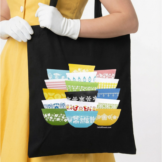 Pyrex-Inspired Retro Zipper Tote Bag | Vintage Mixing Bowl Cotton Tote with Pocket