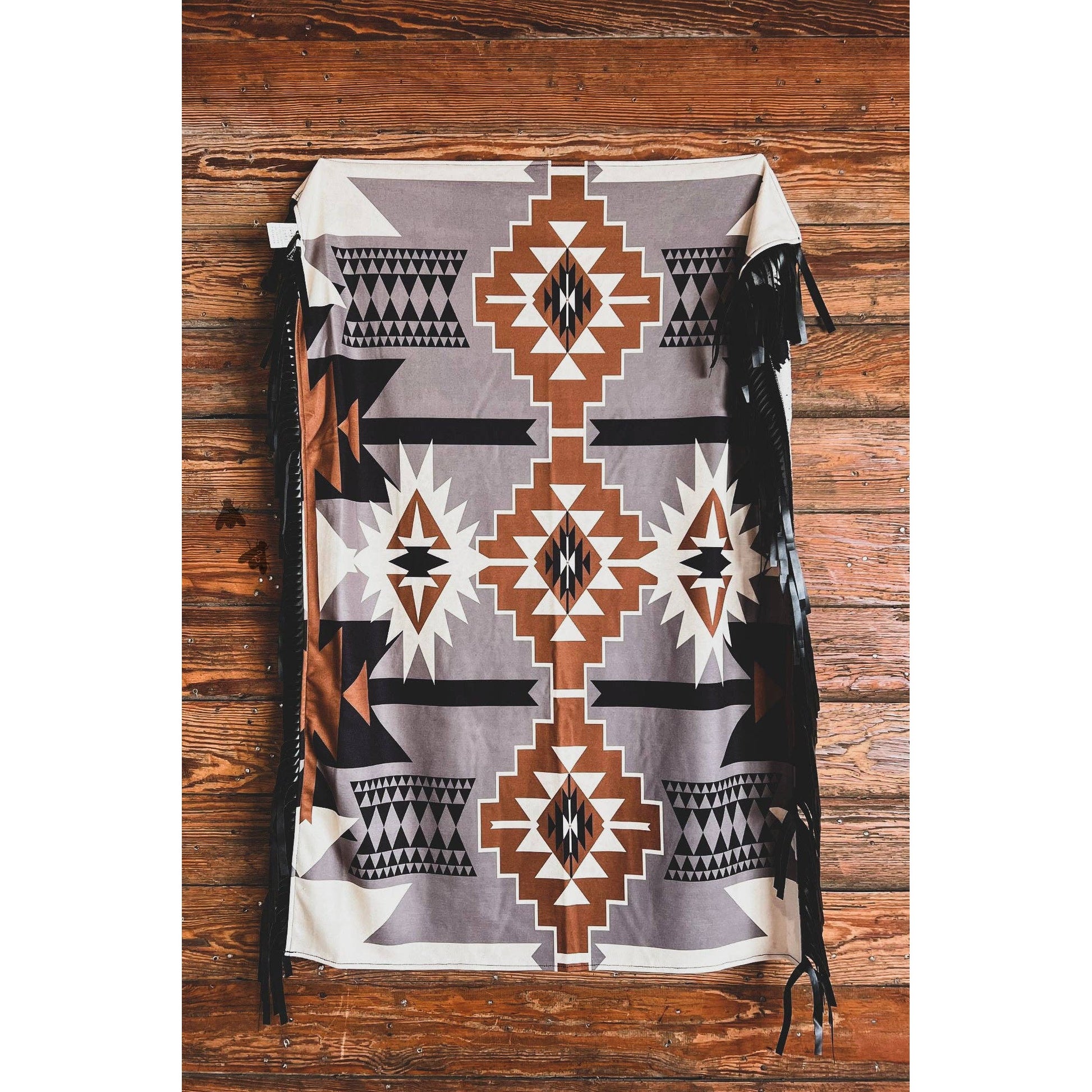 Queen Bee Small Reversible Blanket | Classic Aztec Bold Print + Cowhide Designs with Fringe | 43" x 29"