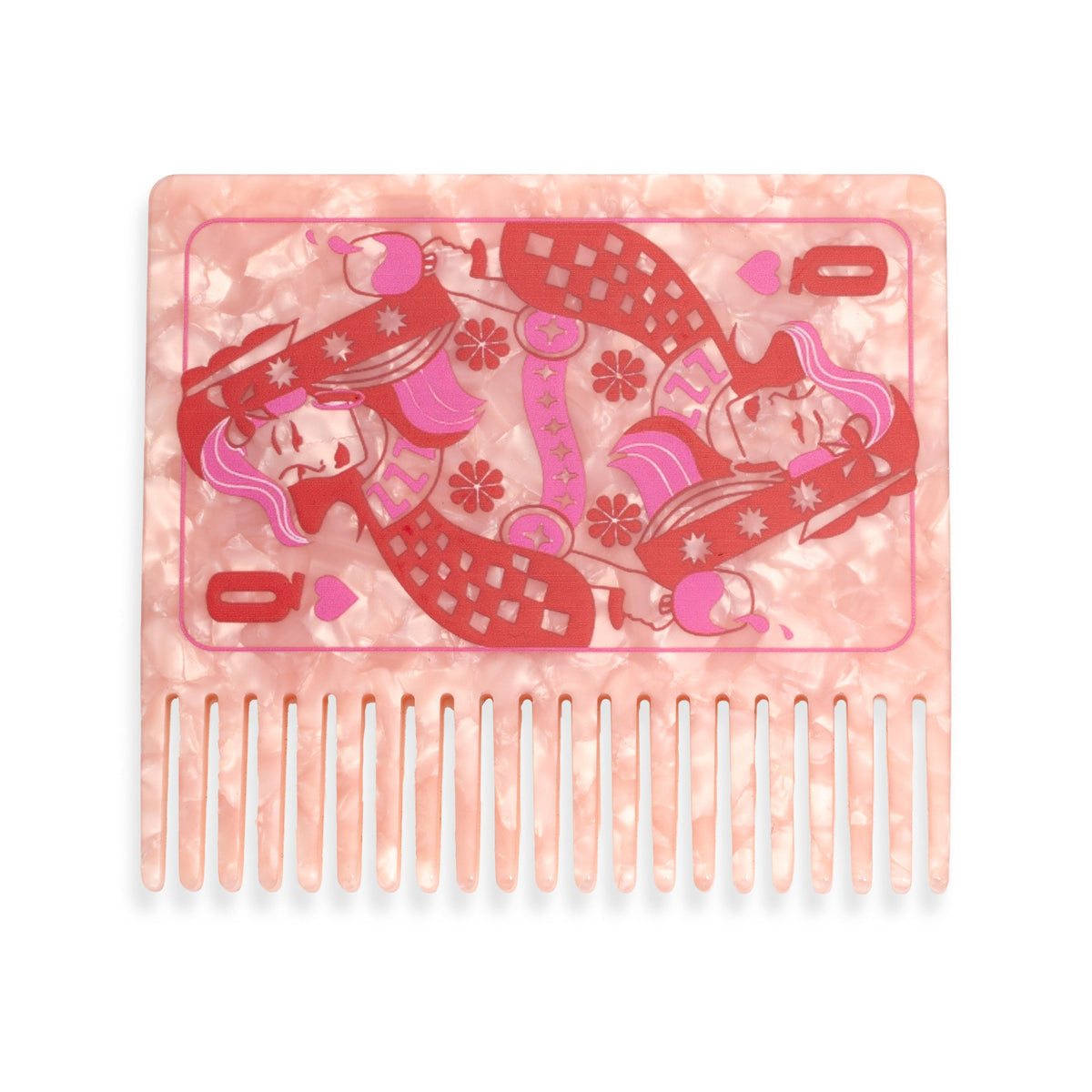 A square hair comb with a translucent pink and white marbled base, featuring a red and pink illustration of queen playing cards
