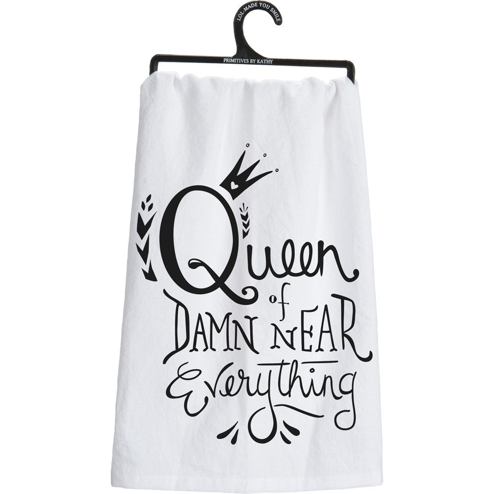 Queen of Damn Near Everything Dish Towel | Black White Tea Towel