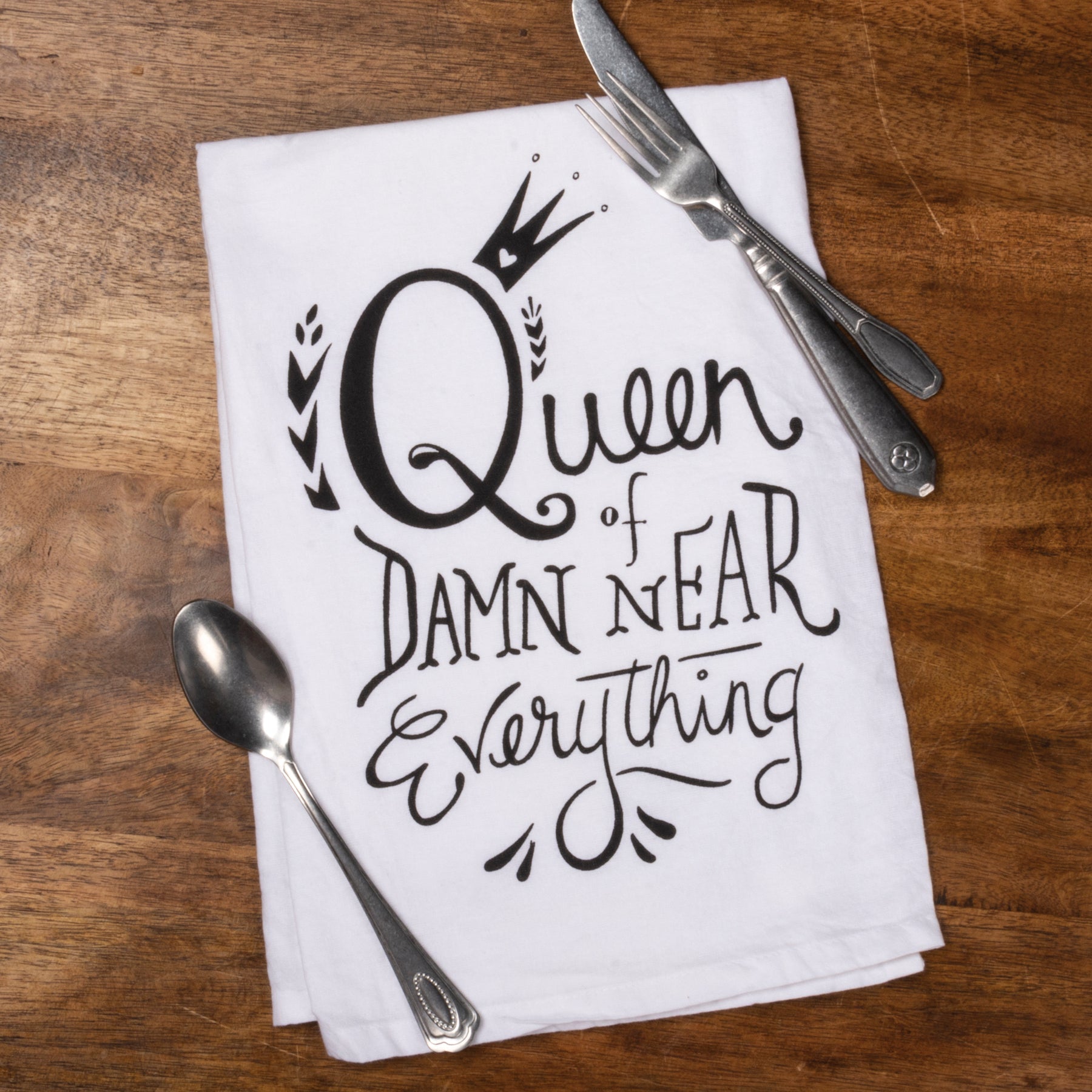 Queen of Damn Near Everything Dish Towel | Black White Tea Towel