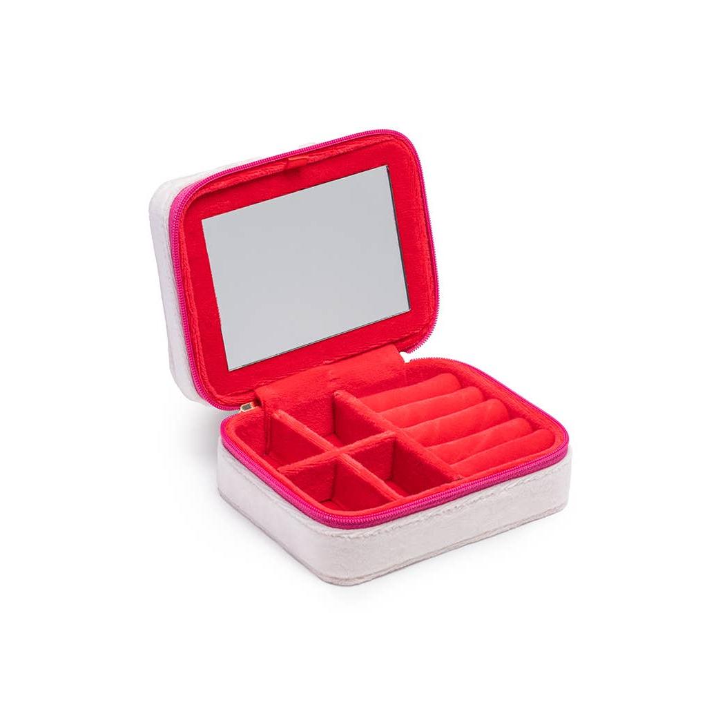 Queen of Hearts White Velvet Jewelry Zip Case | Built-in Mirror Jewel Travel Organizer