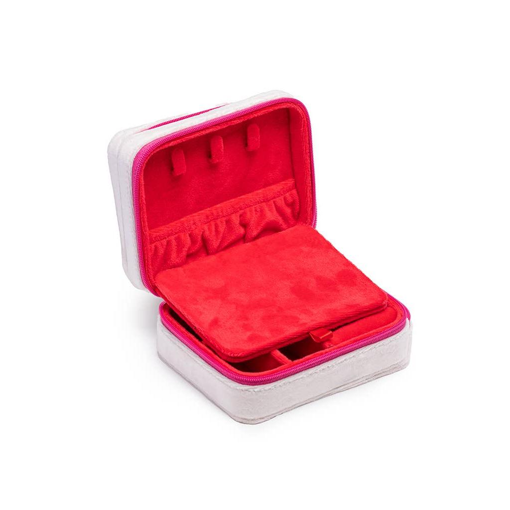 Queen of Hearts White Velvet Jewelry Zip Case | Built-in Mirror Jewel Travel Organizer