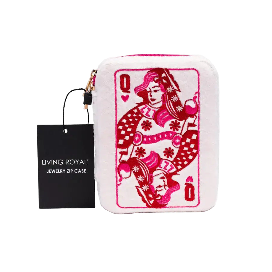 Jewelry zip case with Queen of Hearts design next to a black tag labeled 'Living Royal'.