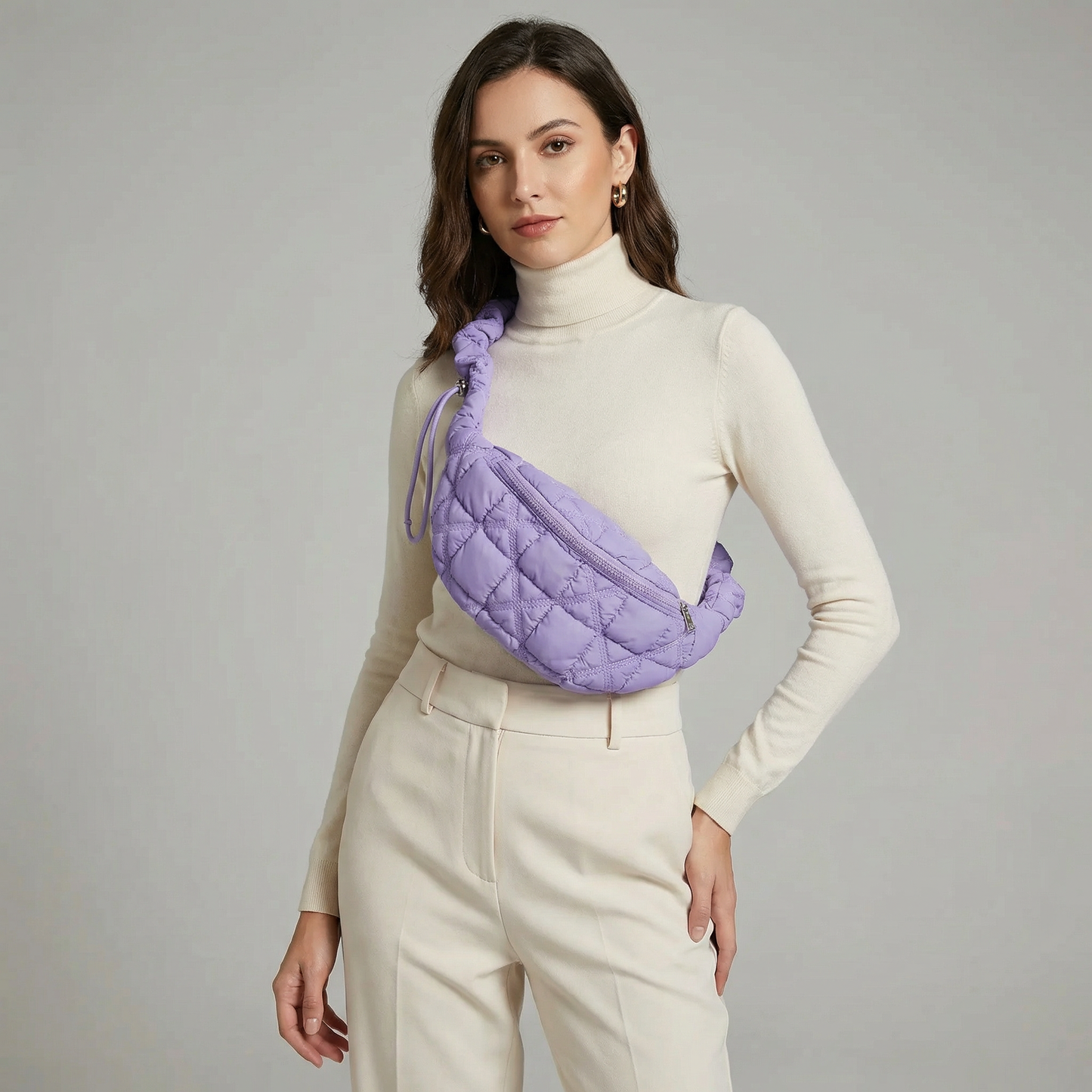 Quilted Puffer Crossbody Bag Purple | Adjustable Fanny Pack