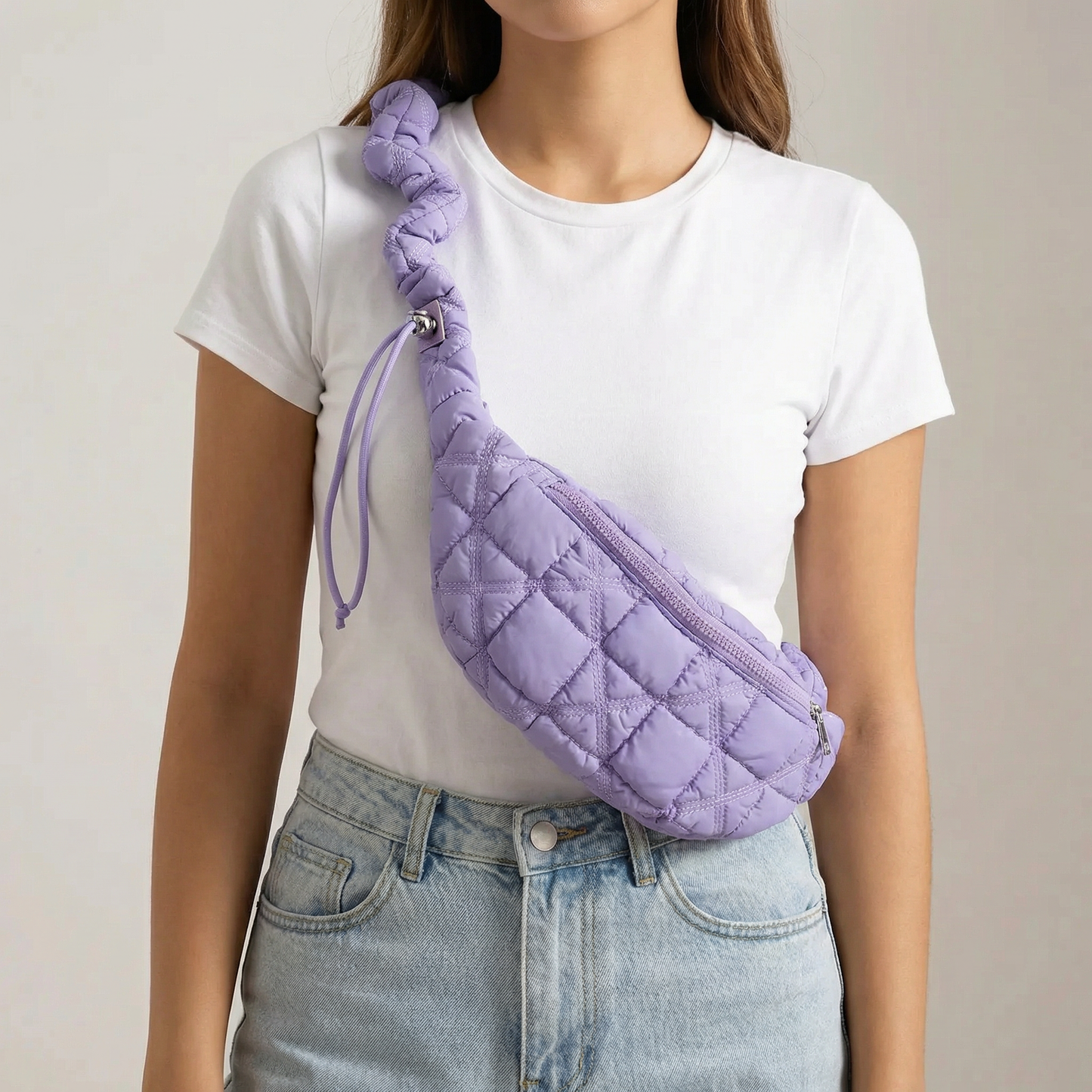 Quilted Puffer Crossbody Bag Purple | Adjustable Fanny Pack