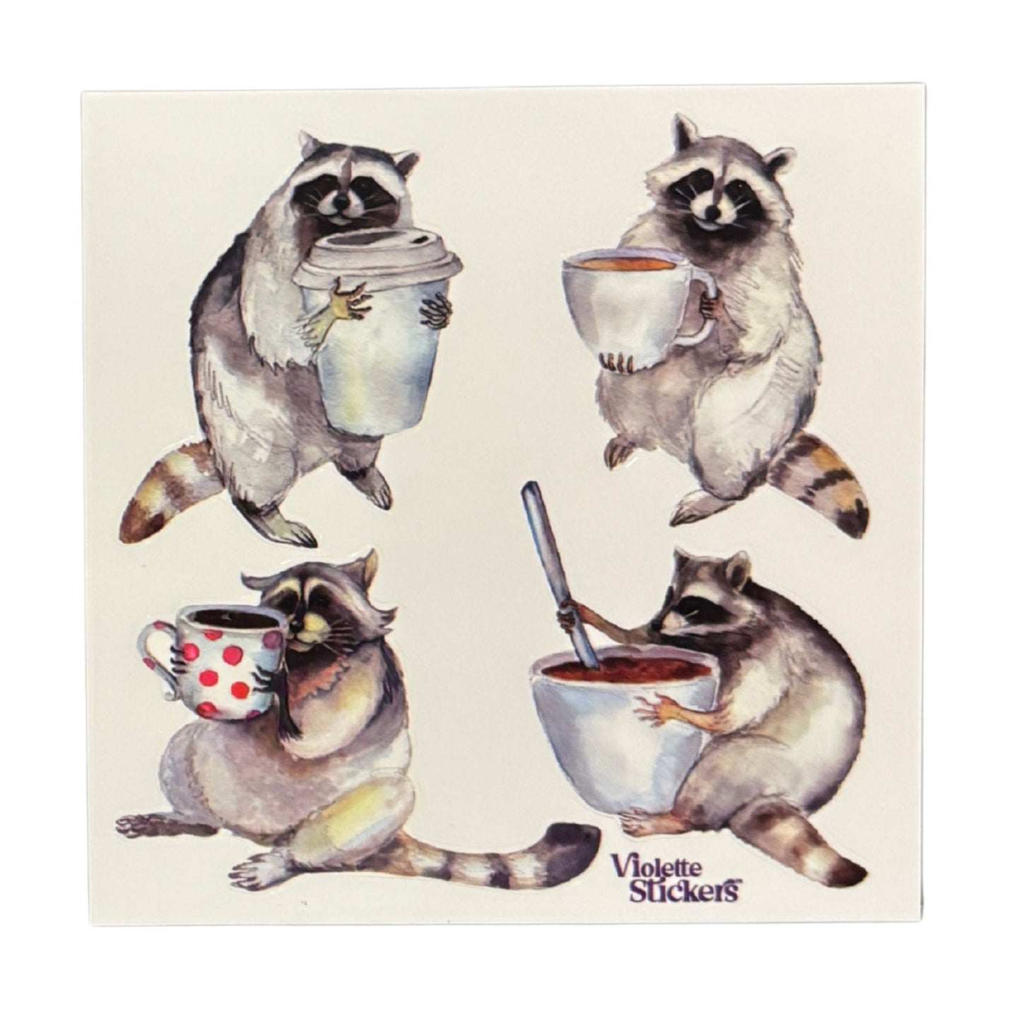 Raccoons with Coffee Stickers | 4" x 4" | 2 Sheets