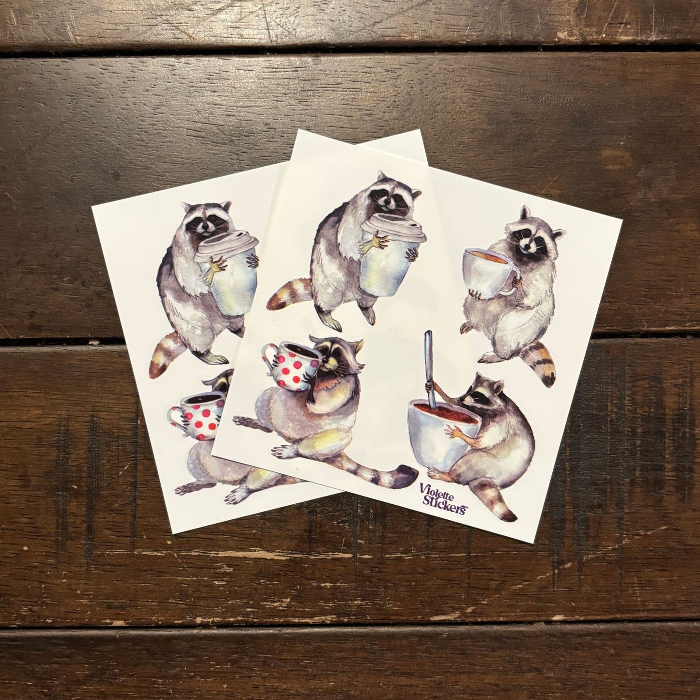 Raccoons with Coffee Stickers | 4" x 4" | 2 Sheets