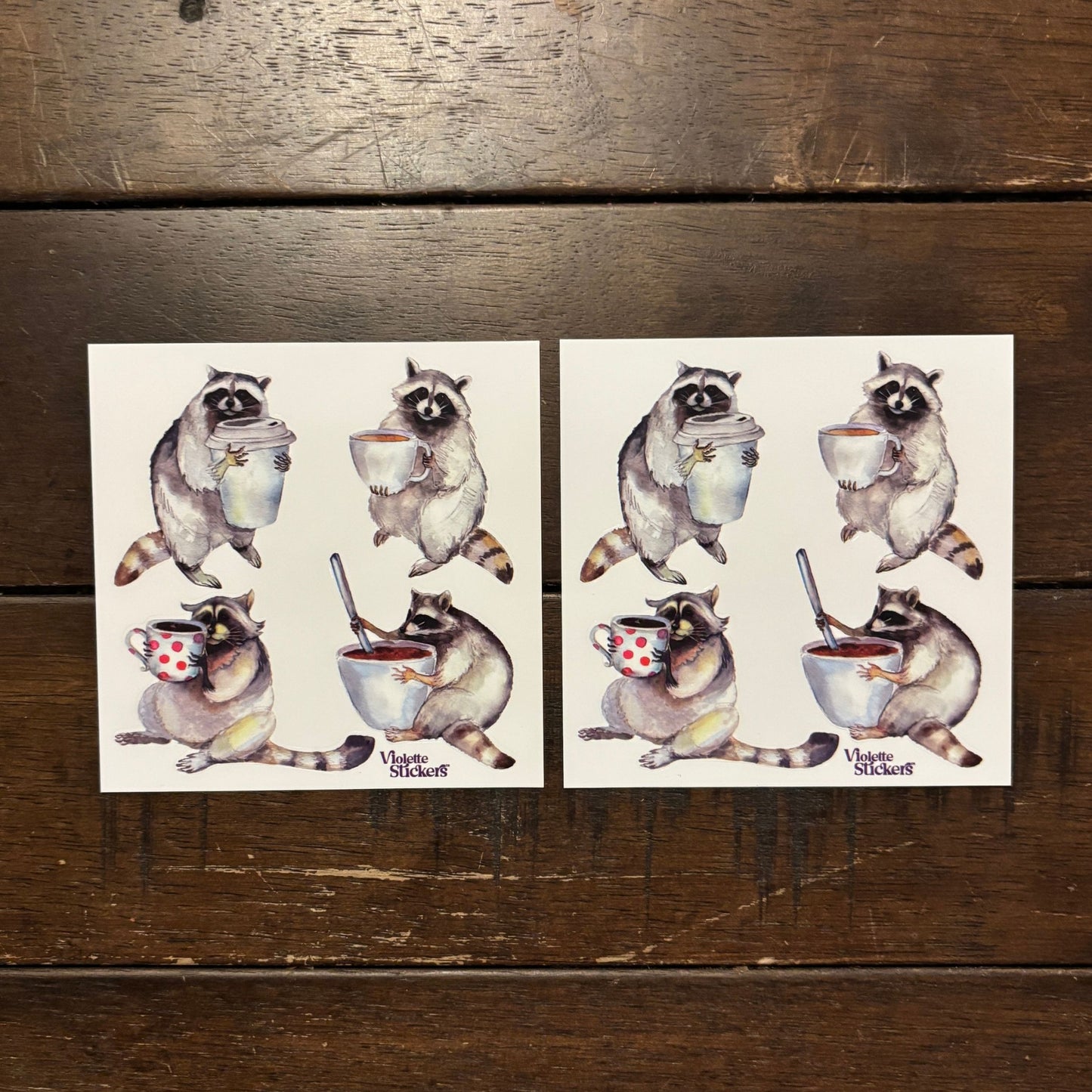 Raccoons with Coffee Stickers | 4" x 4" | 2 Sheets
