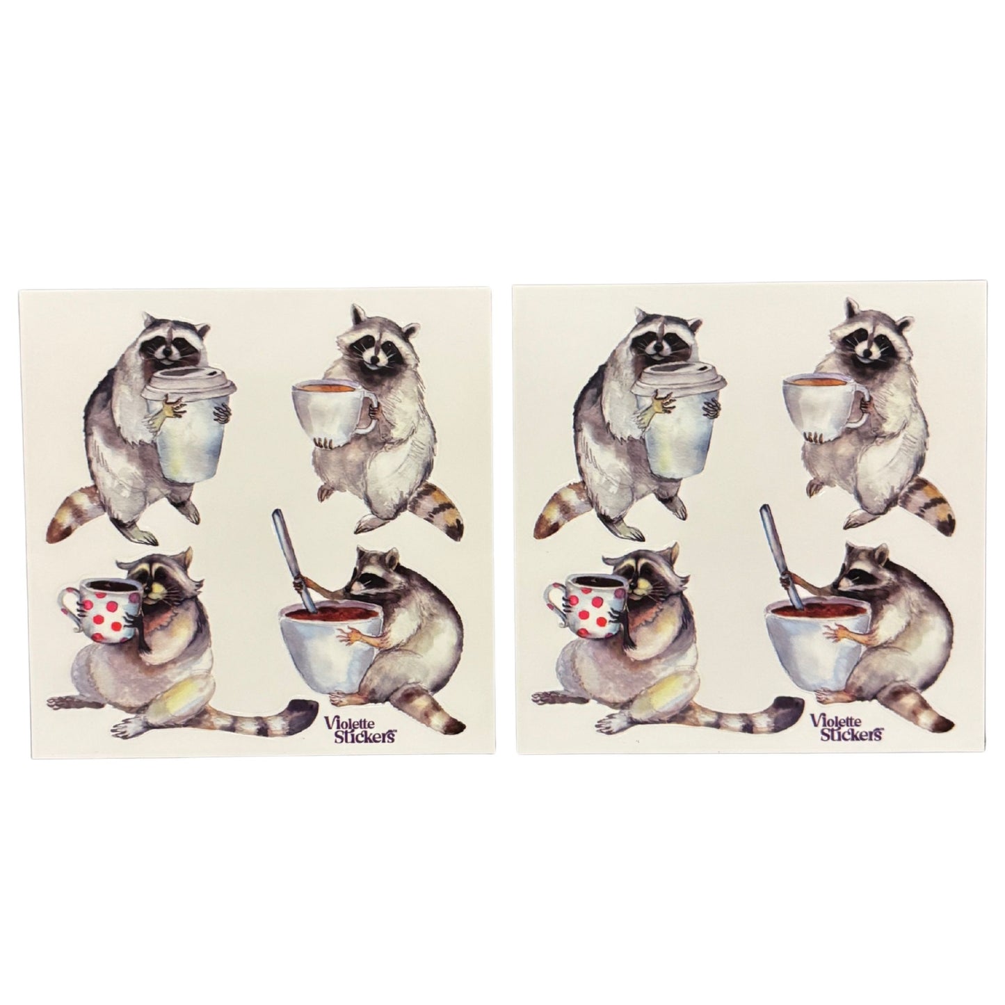 Raccoons with Coffee Stickers | 4" x 4" | 2 Sheets