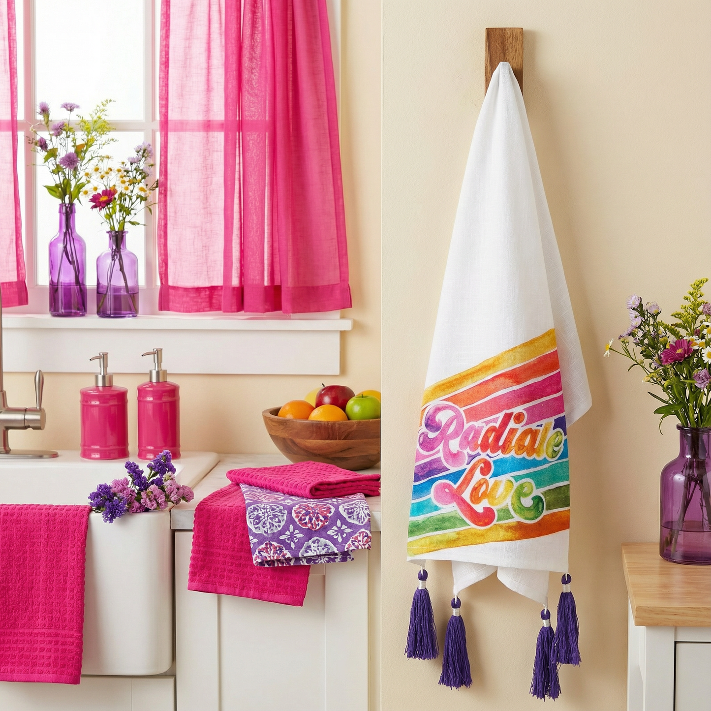 Radiate Love Rainbow Dish Cloth Towel | '70s-'80s Retro Design with Tassels
