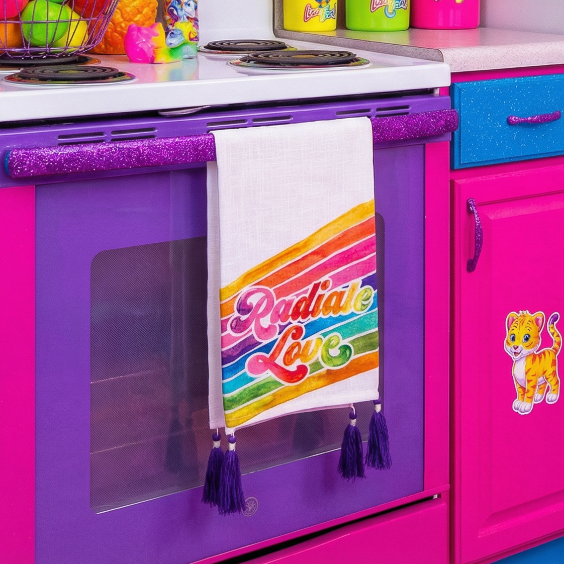 Radiate Love Rainbow Dish Cloth Towel | '70s-'80s Retro Design with Tassels