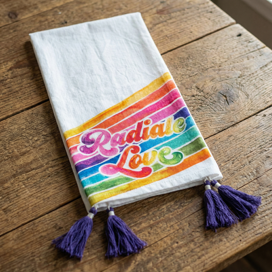 Radiate Love Rainbow Dish Cloth Towel | '70s-'80s Retro Design with Tassels