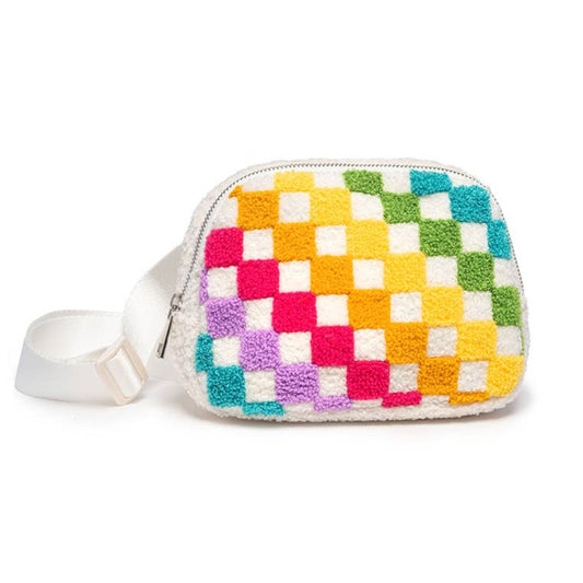 Rainbow Checkered Adjustable Belt Bag in White | Multicolor Plaid Pattern Waist Bag