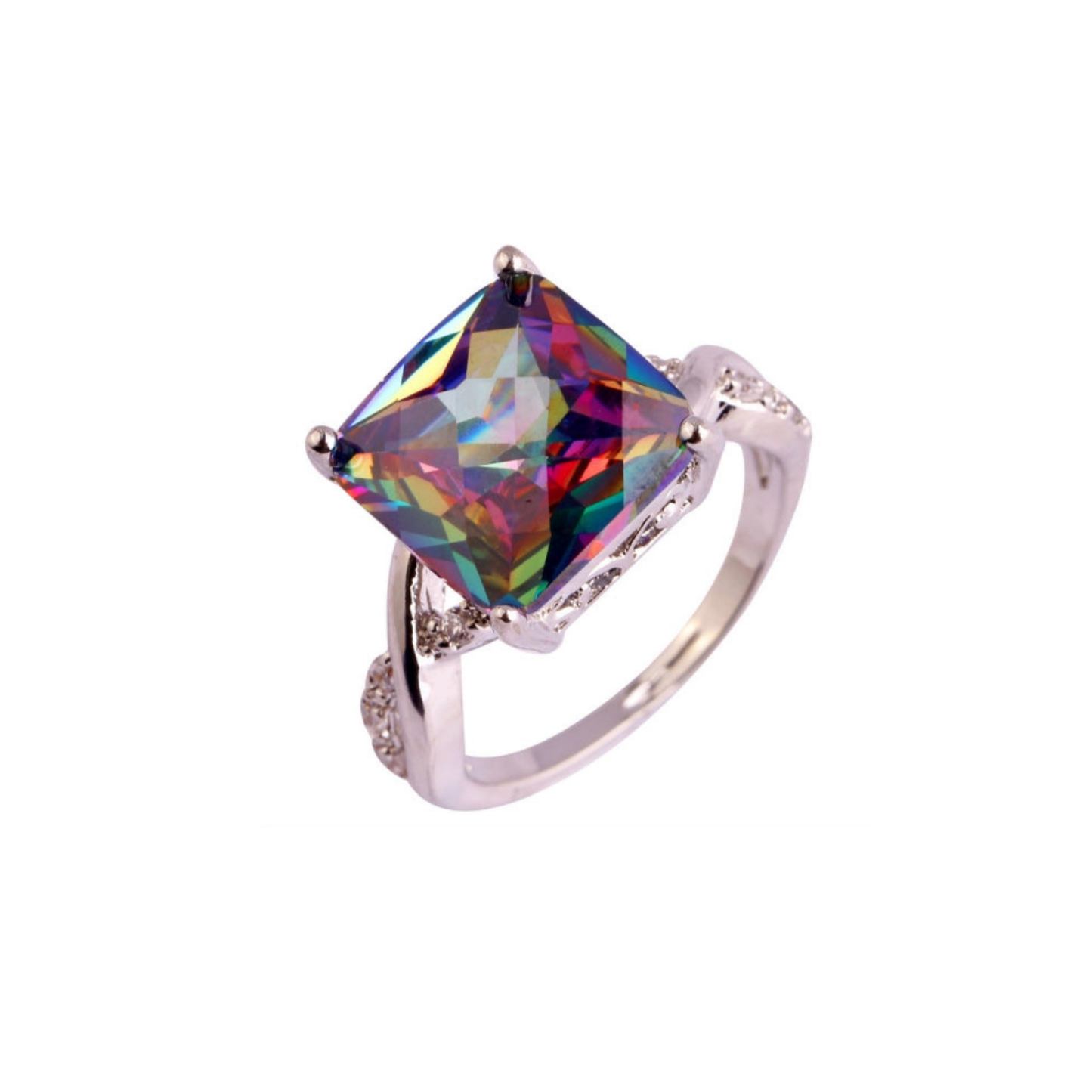 Rainbow Facets Silver Bling Ring | Bold Square-Cut Glass Stone | Blue Green Purple | Sizes 6–8