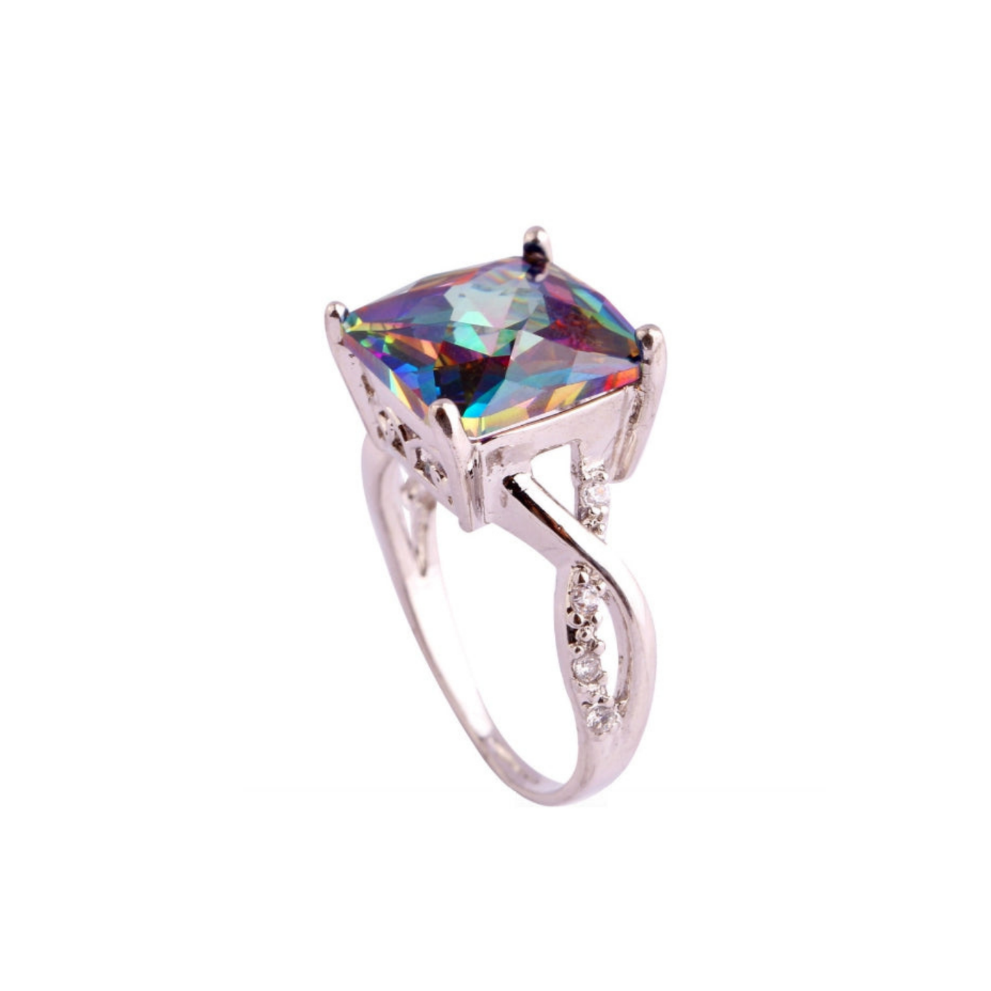 Rainbow Facets Silver Bling Ring | Bold Square-Cut Glass Stone | Blue Green Purple | Sizes 6–8