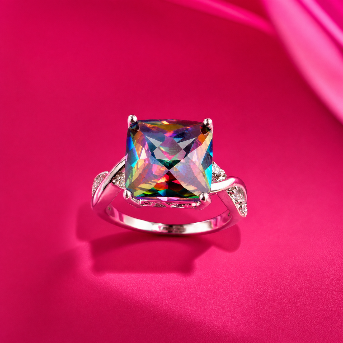 Rainbow Facets Silver Bling Ring | Bold Square-Cut Glass Stone | Blue Green Purple | Sizes 6–8