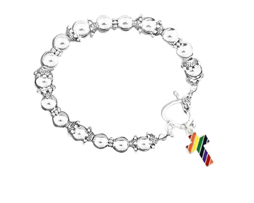 Rainbow Flag Cross Silver Beaded Bracelet