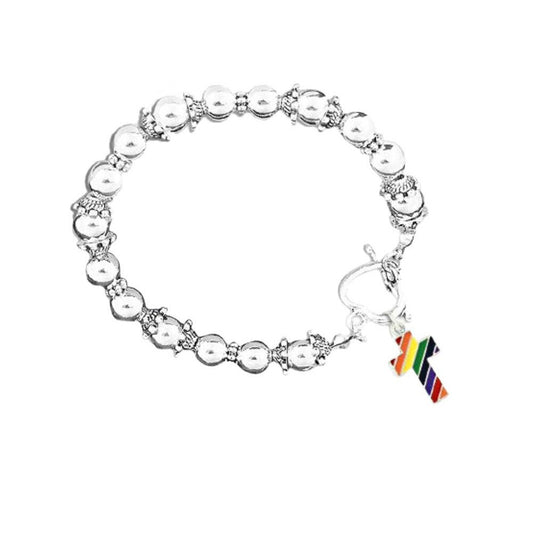 Rainbow Flag Cross Silver Beaded Bracelet