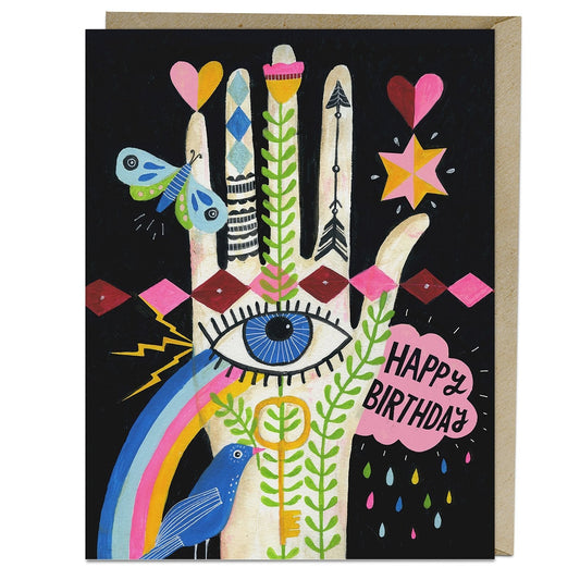 Rainbow Hand Birthday Card with Eye and Bird