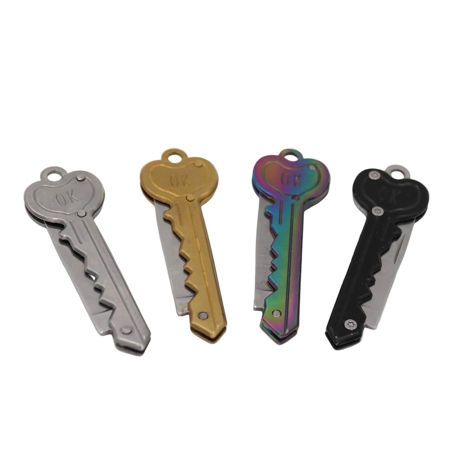 Four miniature key-shaped folding knives, showing different finish options: grey, gold, iridescent rainbow, and black.