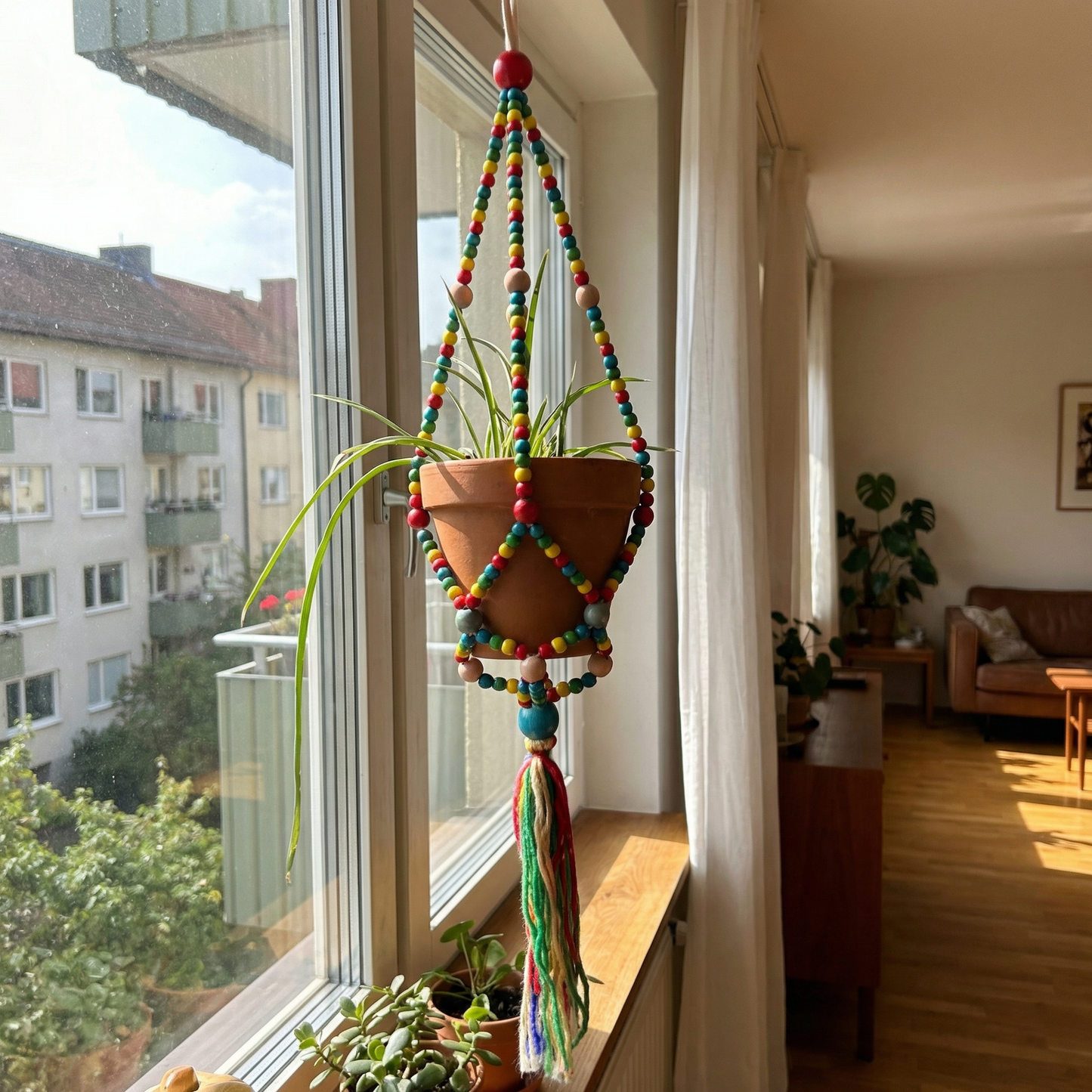 Rainbow Macrame Plant Holder | Bohemian Decorative Hanging Flowerpot Holder