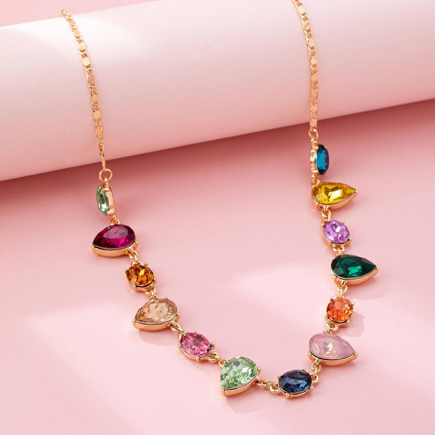 Rainbow Pear Gemstone Dangle Necklace in Gold Plating
