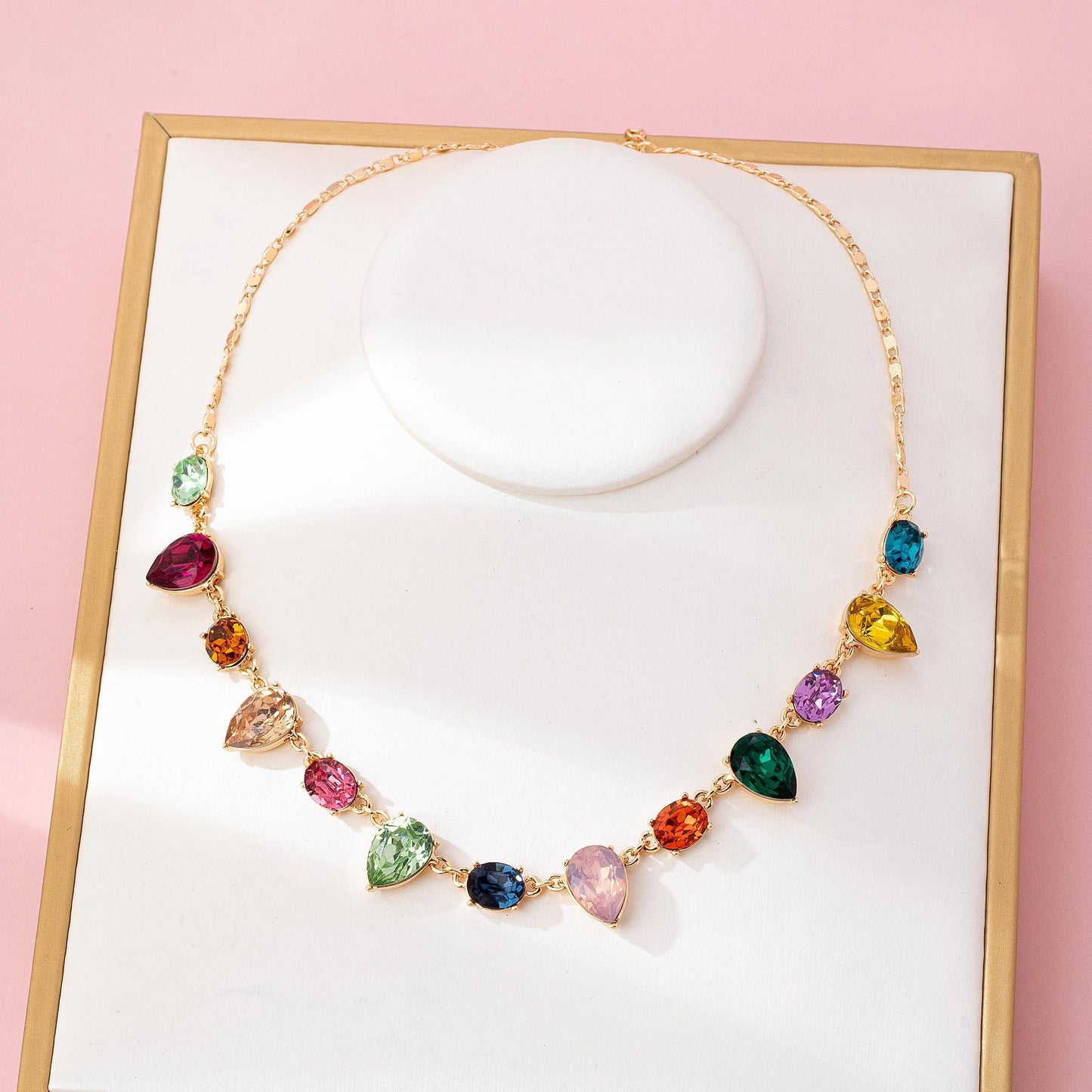 Rainbow Pear Gemstone Dangle Necklace in Gold Plating