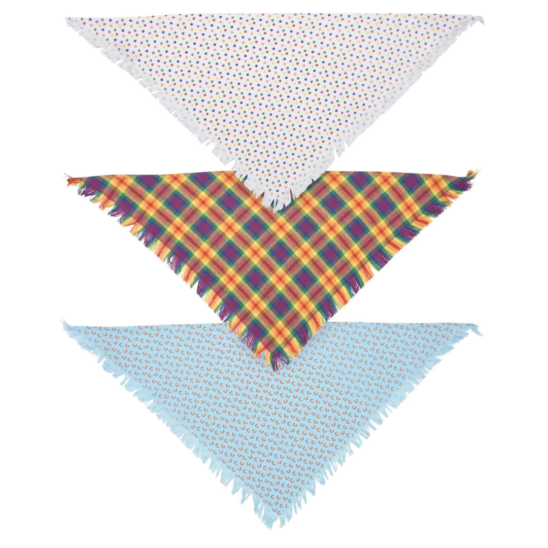 Rainbow Plaid Pet Bandana Set | Pride Dog Bandanas | Rainbow Paw & Plaid Cotton Pet Scarf Set