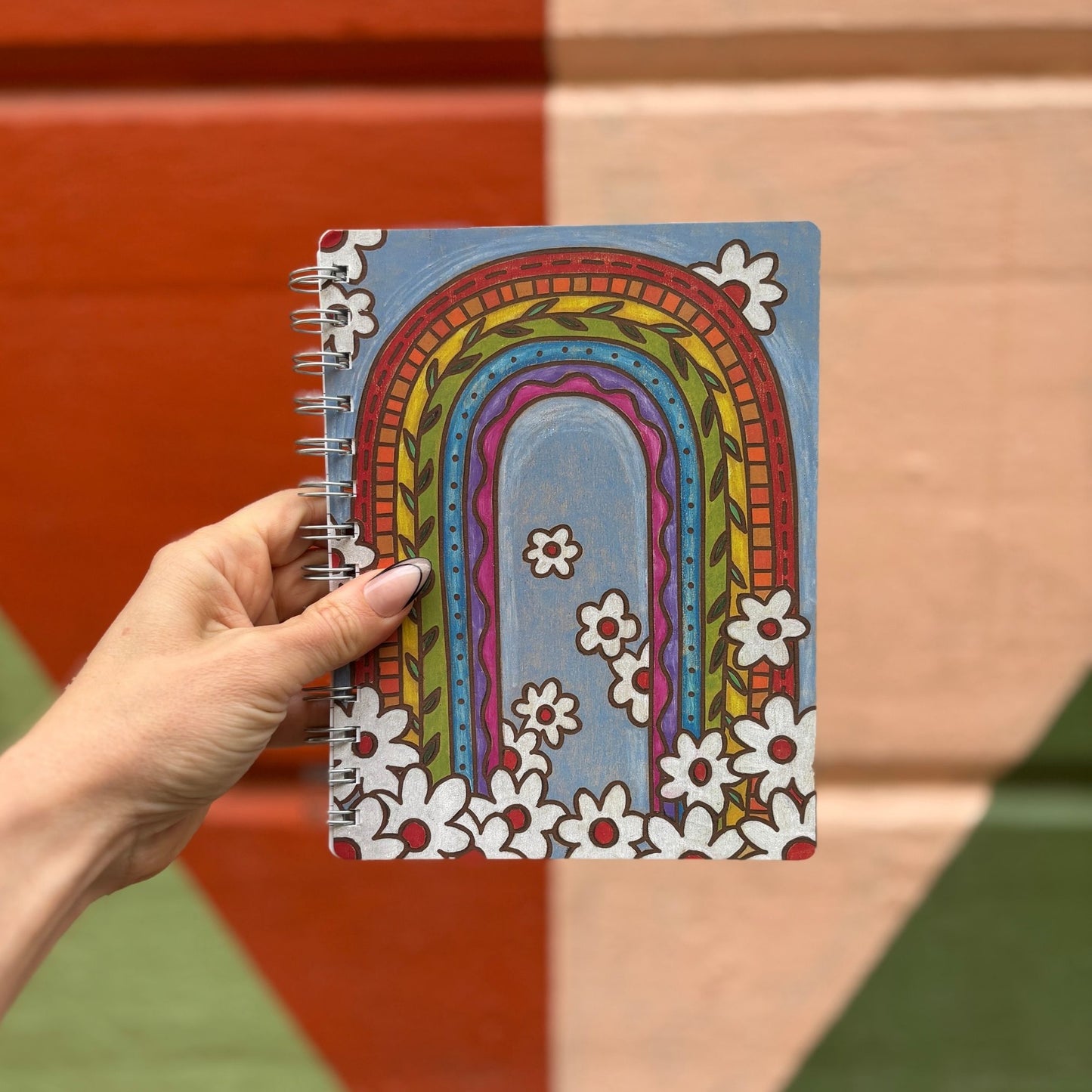 Rainbow Spiral Notebook | Double-sided 120 Lined Pages Wood Burned Art Style Journal