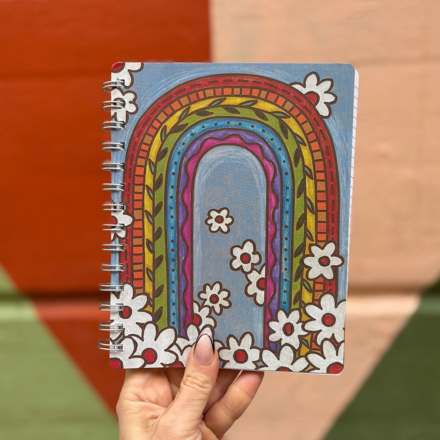 Rainbow Spiral Notebook | Double-sided 120 Lined Pages Wood Burned Art Style Journal