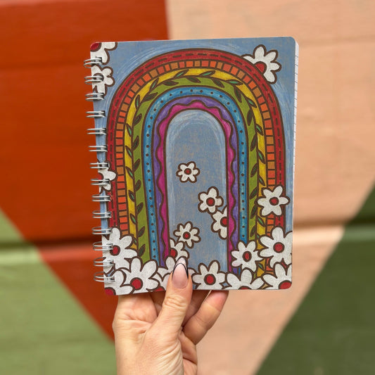 Rainbow Spiral Notebook | Double-sided 120 Lined Pages Wood Burned Art Style Journal