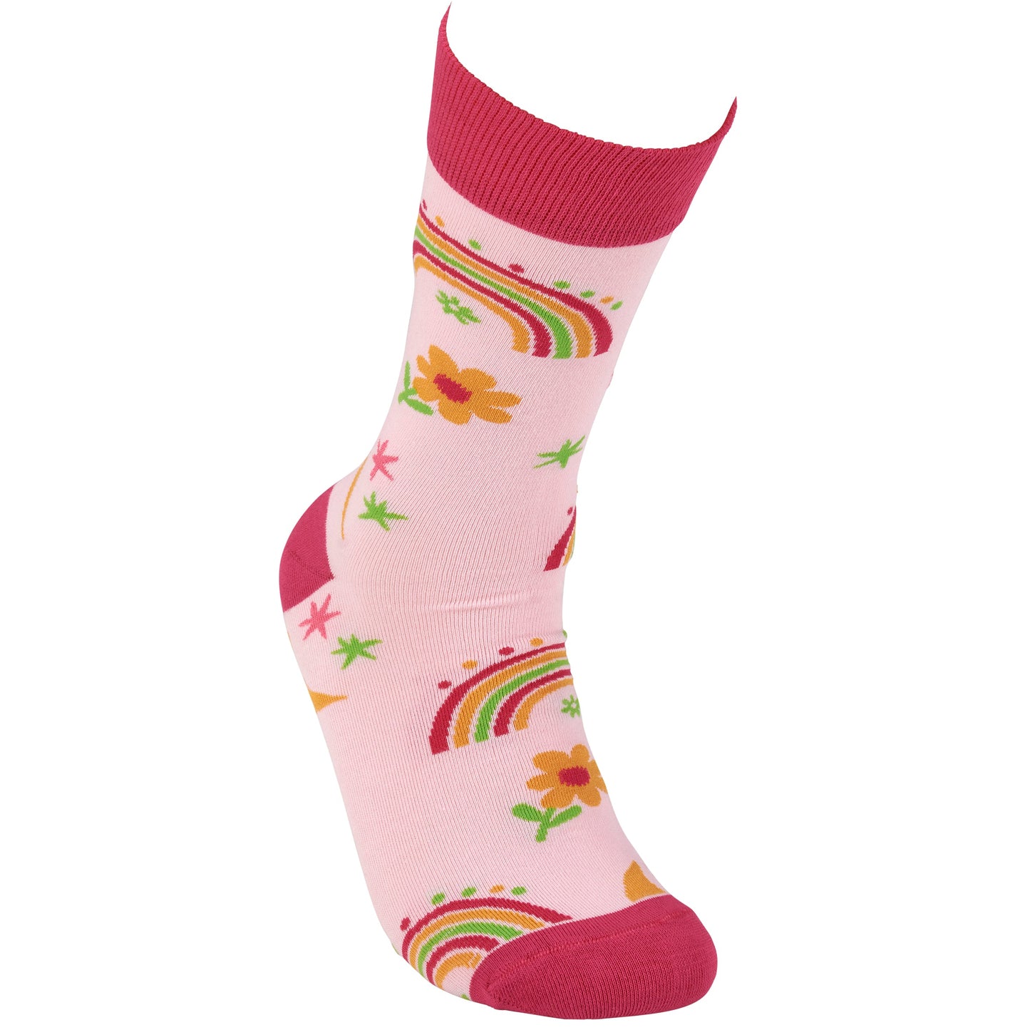 Rainbow and Flowers Socks on Pink Background | Women's Colorful Self-expression Socks