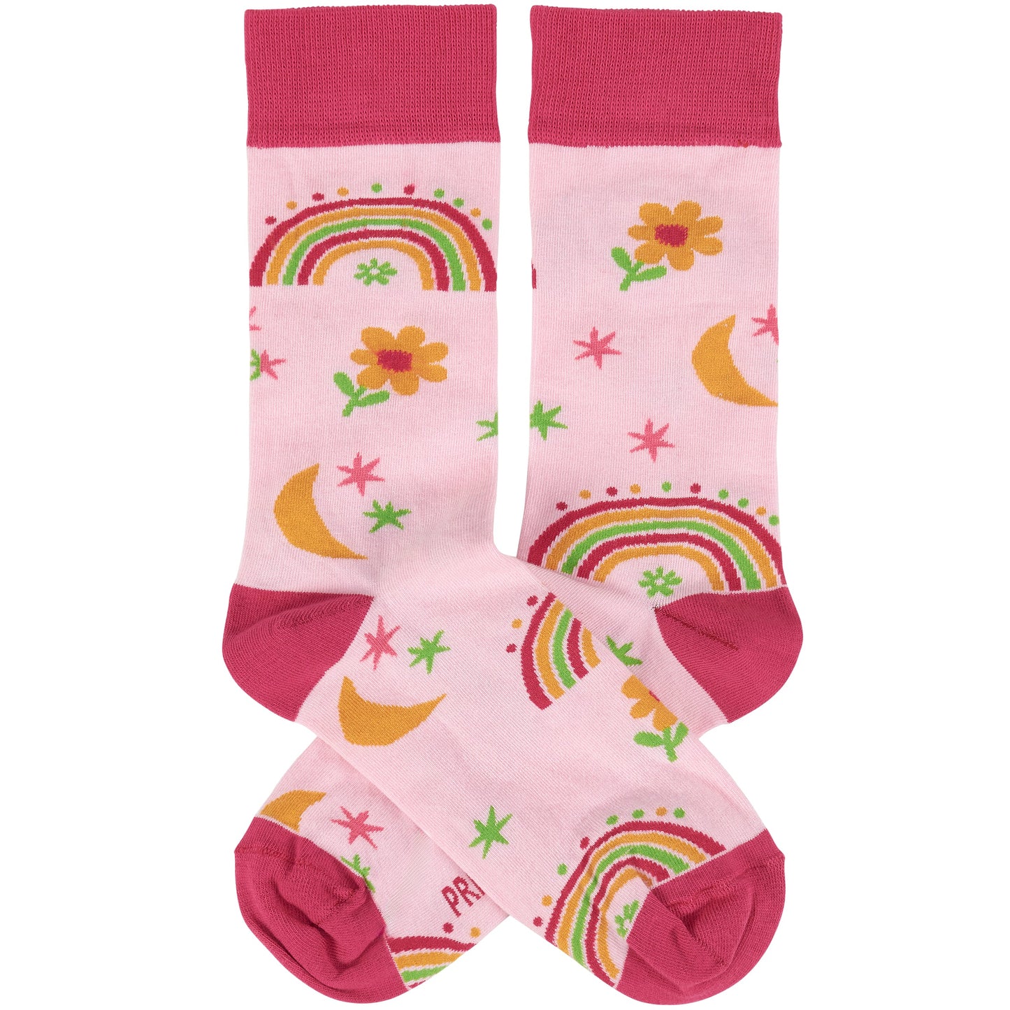 Rainbow and Flowers Socks on Pink Background | Women's Colorful Self-expression Socks