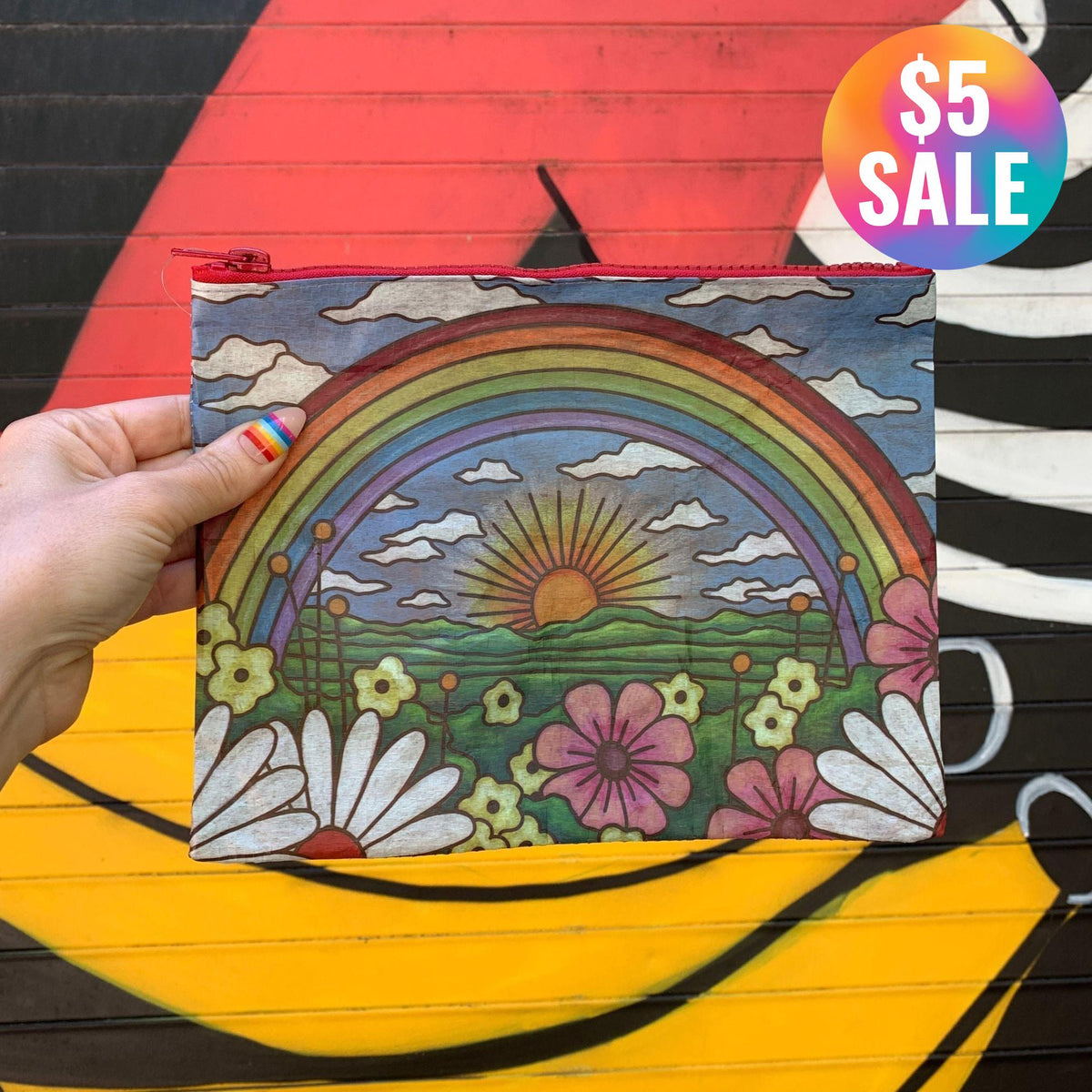 Rainbow and Sunrise Double-sided Zipper Pouch | Recycled Material Wallet Organizer | 9.50" x 7"