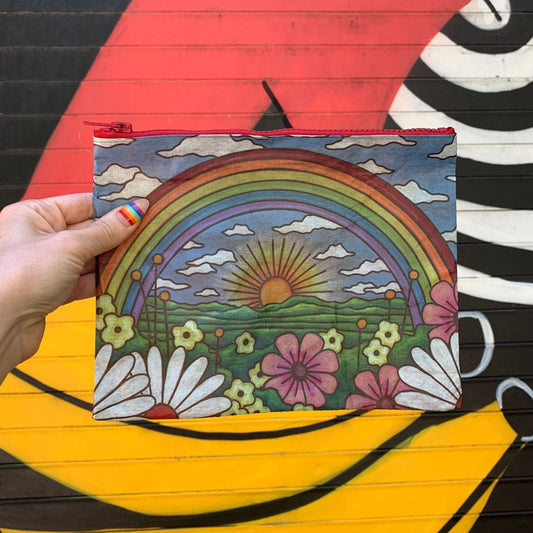 Rainbow and Sunrise Double-sided Zipper Pouch | Recycled Material Wallet Organizer | 9.50" x 7"