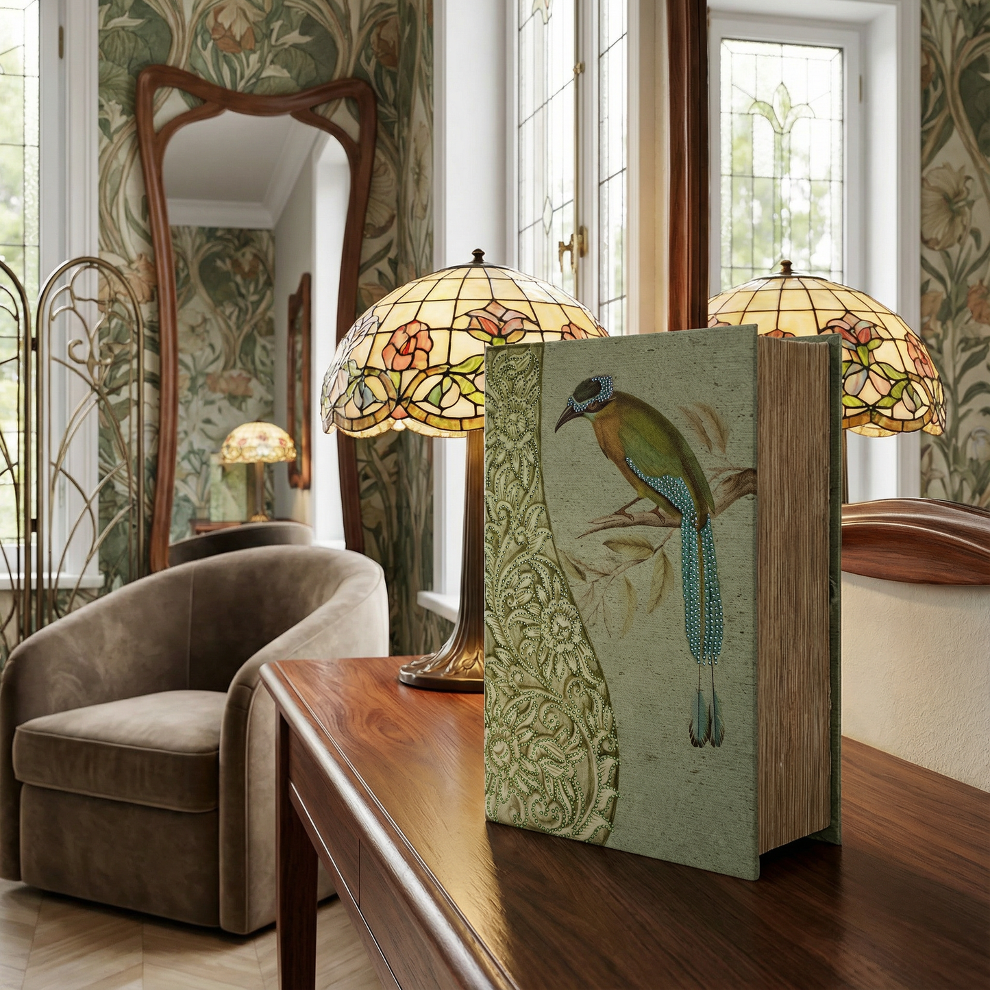 Rainforest Bird & Florals Book Box | Vintage Book Shaped Storage Stash Trinket Box