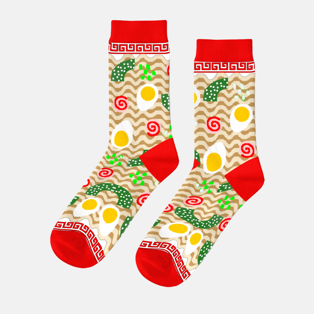 Pair of socks with ramen noodle design on a light gray background