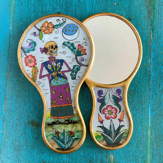 Ramos Catrina Skeleton Hand Mirror | Hand-Painted Reverse Glass, Made in Peru