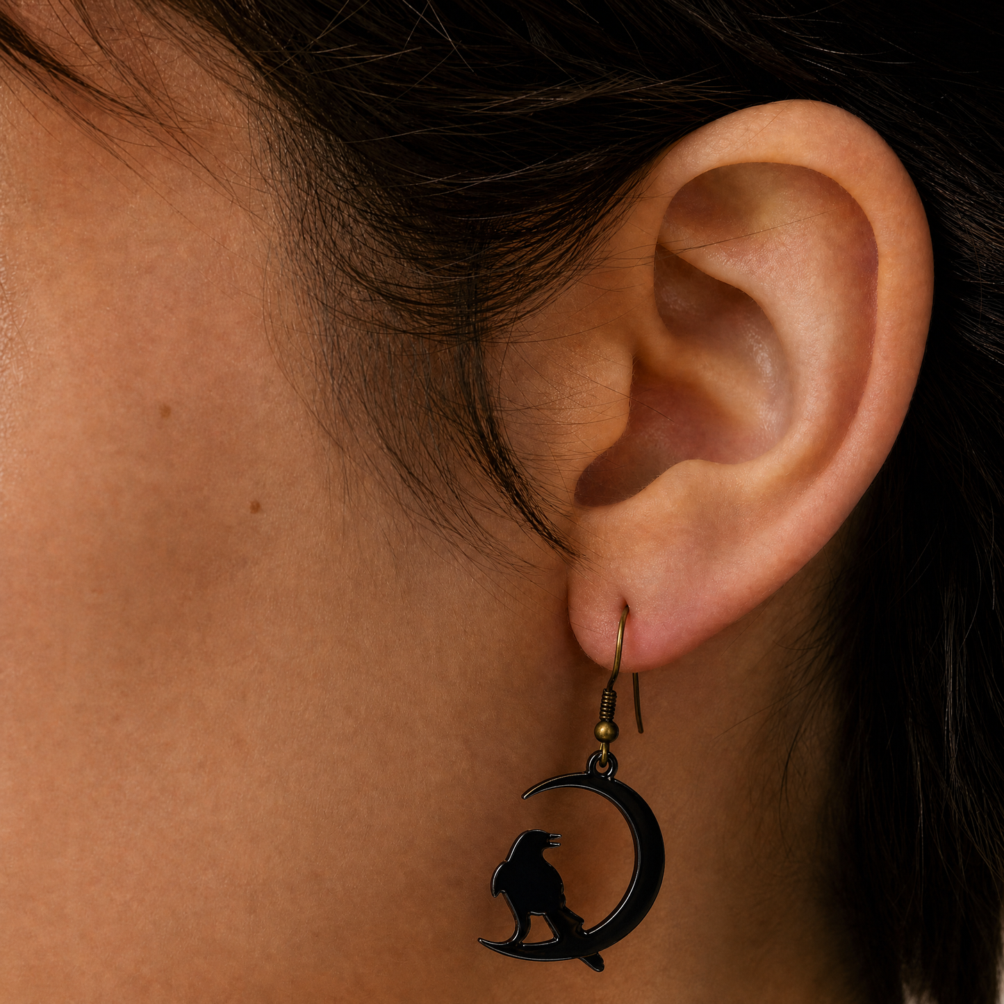 Raven On Black Moon Earrings | Gothic Dark Moon Dangle Earrings