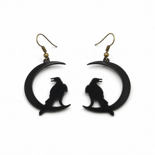 Raven On Black Moon Earrings | Gothic Dark Moon Dangle Earrings