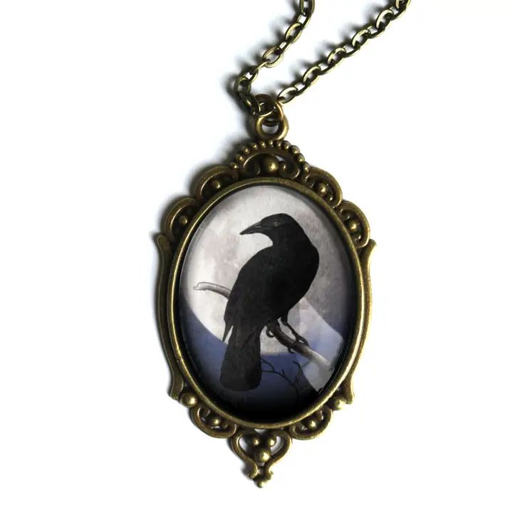 Raven On Full Moon Ornate Oval Pendant Necklace | Handmade in the US