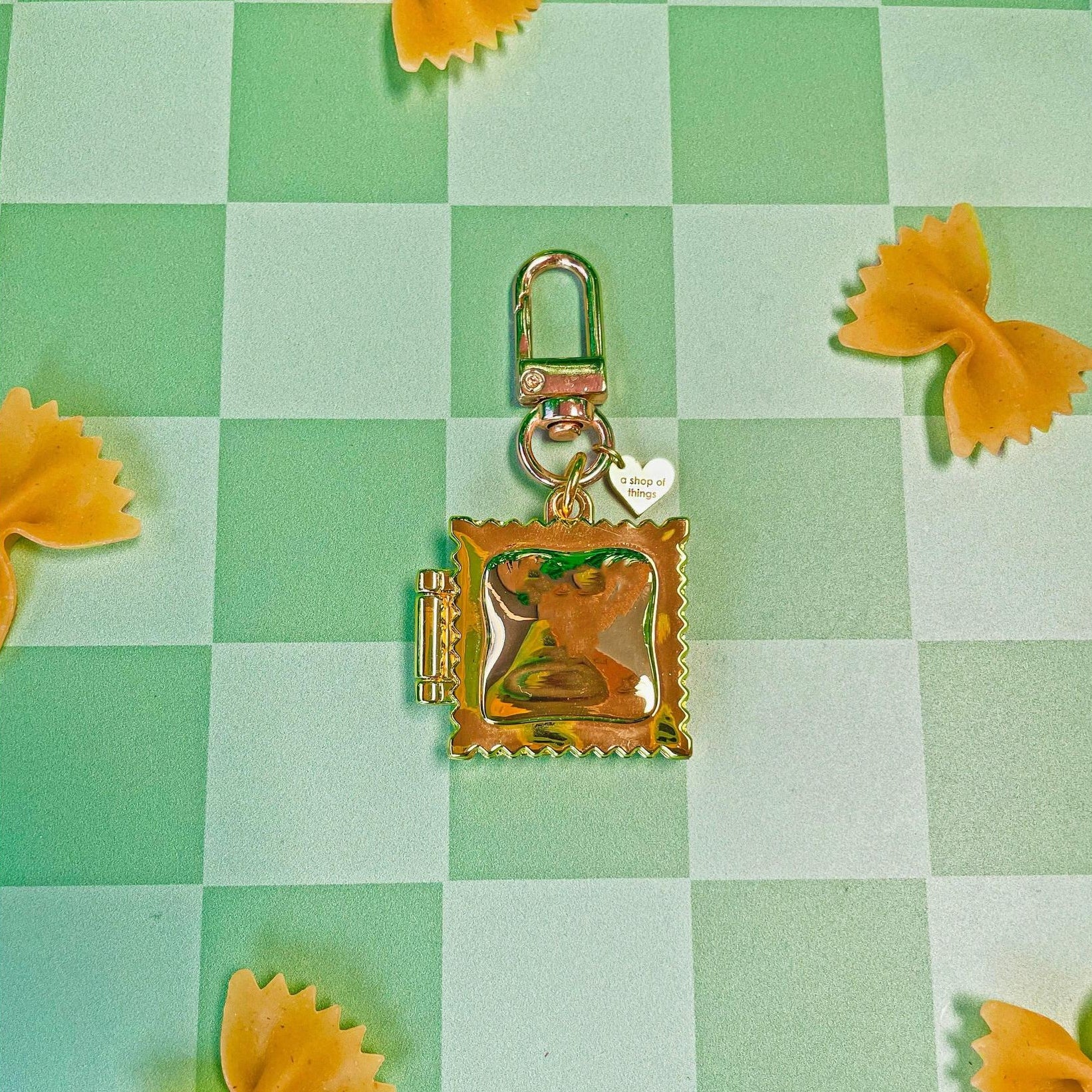 Ravioli Locket Keychain | Tiny Pasta Key Holder in Gold Plated